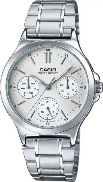 Orë dore Casio LTP-V300D-7A, multifunksionale, çelik inoksi, argjendi, ciferblat i bardhë