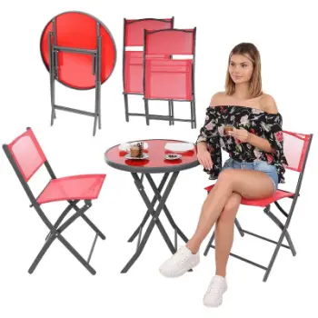 Set kopshti merkandi.com, 1 tavolinë rrethore, 2 karrige palosëse, e kuqe