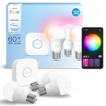 Set llamba smart Philips Hue Essential, E27, 8W RGB, 3 copë