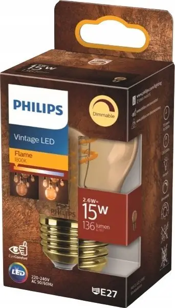Llambë LED Philips Vintage E27 P45, 2.6W, 1800K, e artë