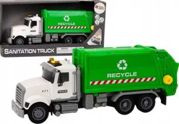Lodër kamion mbeturinash LEAN Toys Garbage Truck, drita dhe tinguj, me koshë plehrash, i bardhë e jeshil