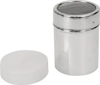 Enë inox me sitë për sheqer pluhur, kapak, argjendtë