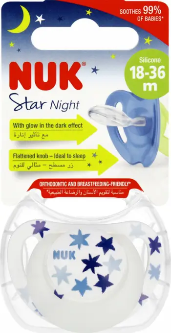 Qetësues silikoni NUK Night, 18–36 muaj, që shkëlqen në errësirë, transparent