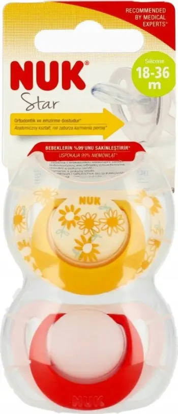 Biberon NUK Soother, silikon, 18-36 muaj, set 2 copë, të verdhë dhe rozë