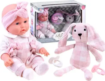 Set lodër kukull bebe me lepurush pelushi Za3828, 30cm, me biberonë, rozë
