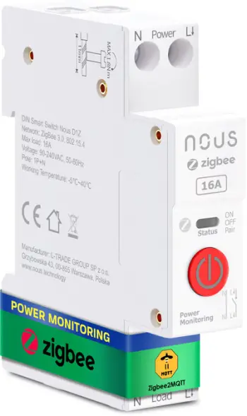 Rele inteligjente DIN Rail Nous D1Z, Zigbee 3.0, 16A, matje konsumi, e bardhë