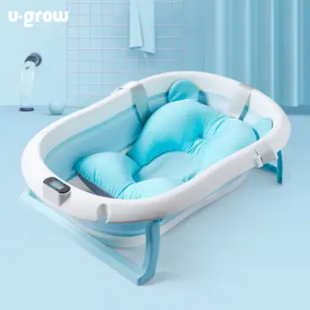 Kadë palosëse për bebe U-Grow, 77.5x50x21 cm, me jastëk dhe termometër digjital, blu