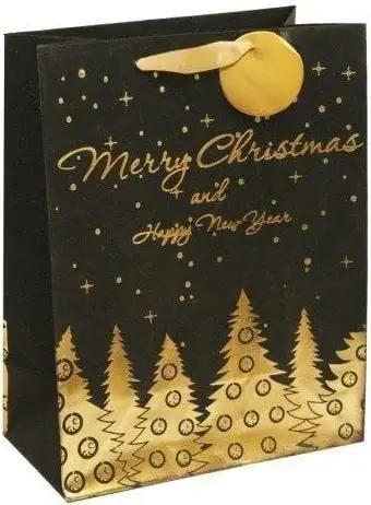 Qese dhuratash Beniamin Christmas Tree, 26x32x12.8cm, mesatare, e zezë me të artë