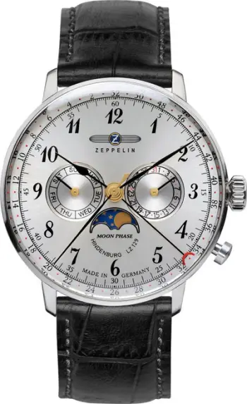 Ora dore Zeppelin LZ129 Hindenburg 7036-1, 40mm, Moonphase, argjendtë me rrip të zi