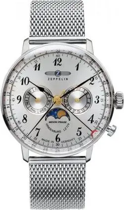 Orë burrash Zeppelin LZ 129 Hindenburg Moonphase, mekanike, rrip lëkure, argjendtë