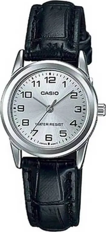 Orë dore Casio LTP-V001L-7B, analog quartz, femra, rrip lëkure i zi