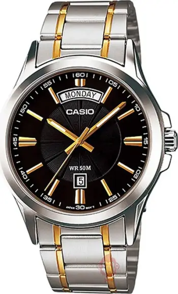 Orë dore Casio MTP1381G-1A, për meshkuj, çelik inox dyngjyrësh, faqe e zezë