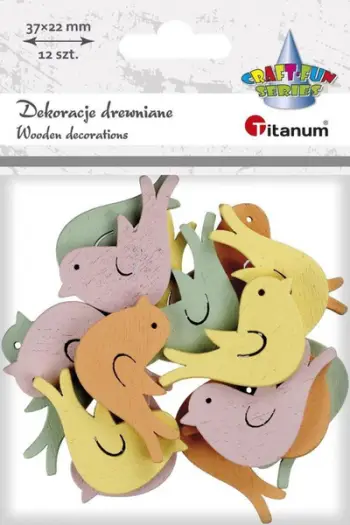 Figura dekorative druri Titanum Wooden Pastel Birds, 37x22mm, set 12 copë, shumëngjyrëshe pastel