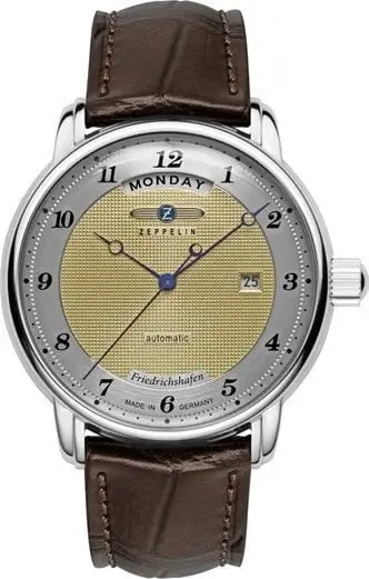 Orë dore meshkujsh Zeppelin Friedrichshafen 85625, automatike, rrip lëkure kafe, ekran ngjyrë ari