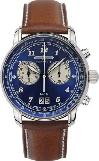 Ora dore Zeppelin 8684 3 LZ127 Graf Zeppelin, kronograf quartz 40mm, rrip lëkure kafe, kornizë argjendtë