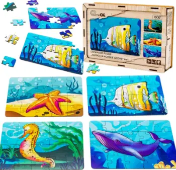 Puzzle druri PuzzleOk 4 në 1 Sea Animals, 4 pjesë, shumëngjyrësh