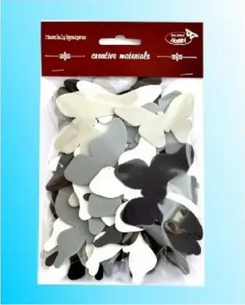Set flutura dekorativë Butterflies DM-M107, 52 copë, 62-92mm, të zezë gri dhe të bardhë