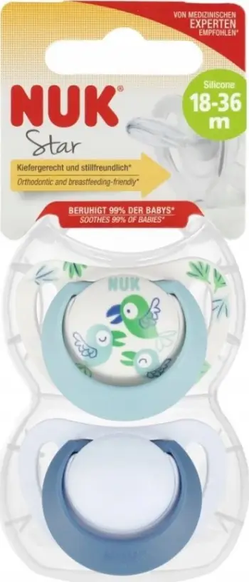 Set biberonash Nuk Star, silikon, 2 copë, 18–36 muaj