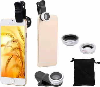 Set lente telefoni AK315A 3 në 1, Fish Eye Macro Wide, argjendtë
