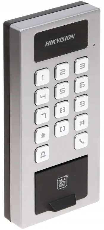 Kontrollor aksesi Hikvision DS-K1T502DBFWX, RFID dhe gjurmë gishtash, IP65, gri