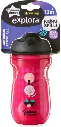 Gotë me pipëz Tommee Tippee Insulated Active Straw Cup, 260ml, 12+ muaj, rozë