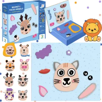 Set magnetik lojërash Dodo Animal Faces, 77 pjesë, për fëmijë 3+, shumëngjyrësh