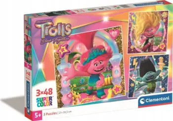 Puzzle Clementoni Super Color Trolls 3, set 3x48 copë, për fëmijë 5+