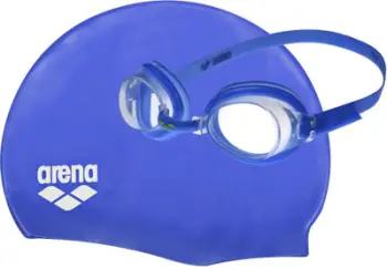 Set pishine për fëmijë Arena, syze noti dhe kapelë, blu dhe e bardhë