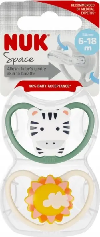 Cuclë NUK Space, 6–18 muaj, silikon pa BPA, set 2 copë, me zebrë