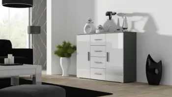 Kredencë dite Cama UNI, me 4 sirtarë, dyer me rafte, gri e bardhë me shkëlqim