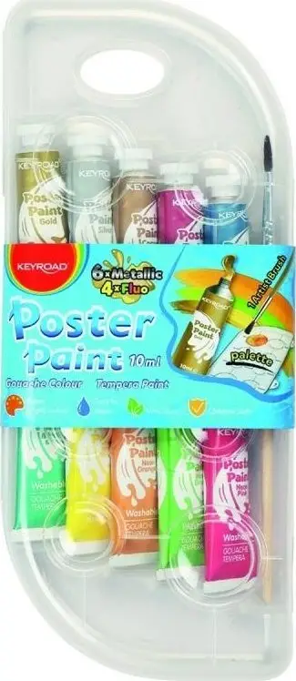 Ngjyra posteri KEYROAD Poster Paint, set 10x10ml, metalik dhe neon, shumëngjyrëshe