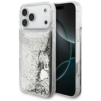 Mbulesë telefoni Guess Liquid Glitter Charms GUHCP17XGLHFLSI, për iPhone 17 Pro Max, transparente me shkëlqim, argjendtë