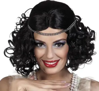 Parukë festash Lizzy Flapper Girl, kaçurrela të shkurtër, me shirit dekorativ, e zezë