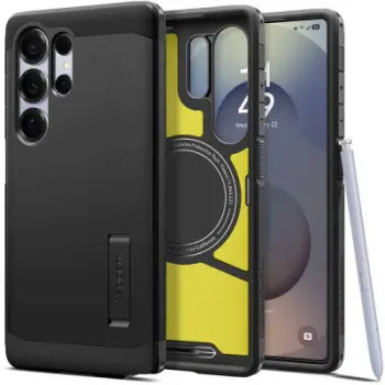 Mbrojtëse telefoni Spigen Tough Armor AI MagFit, për Galaxy S25 Ultra, me këmbë mbështetëse, e zezë