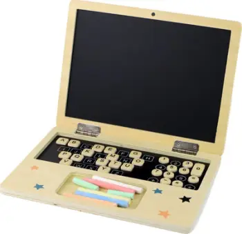 Lodër edukative druri Blackboard Laptop, dërrasë e zezë me shkumës, kube me shkronja, shumëngjyrëshe
