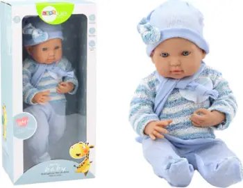 Kukull bebe me pulovër me vija, kapelë dhe shall, blu e bardhë