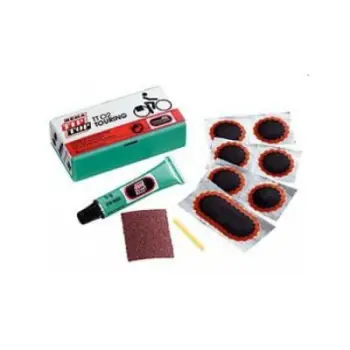 Set riparimi goma biçiklete Rema Tip Top TT02 Touring, me arna dhe lëng vulkanizues, kutí kompakte, shumëngjyrësh