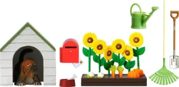 Set loje Lundby Garden Set & Dog House, oborr kopshti, me qen dhe shtëpizë qeni