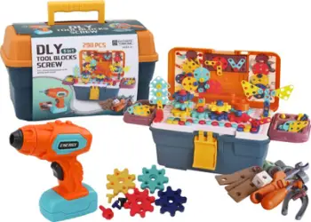 Lodër konstruktore 3D Leantoys Construction Puzzle Blocks In A Box, me trapanthie DIY, shumë pjesë, shumëngjyrëshe