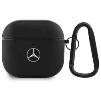 Mbështjellës Mercedes Leather për AirPods 4, lëkurë e vërtetë, me karabinë, i zi