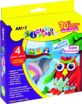 Plastelinë modeluese AMOS Ciasto Plasto, 4 ngjyra, 4 x 18g, shumëngjyrëshe