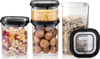 Set enësh ruajtëse GEFU PANTRY, 4 copë, 400 ml 2x900 ml 1400 ml, kapakë të zinj argjendtë