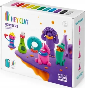 Set plasteline Hey Clay Monsters, 15 kanaçe, tharje në ajër, shumëngjyrësh