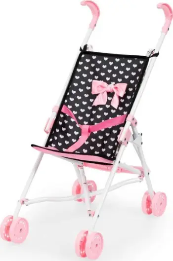 Karrocë për kukulla Buggy Umbrella, palosëse, për kukulla deri 46 cm, e zezë me zemra rozë