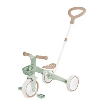 Tricikel për fëmijë Globber Learning Trike 3in1 Plus Ecologic, dorezë shtytëse, material i ricikluar, jeshile bezhë