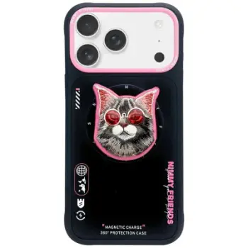 Futrollë telefoni Nimmy Glasses Cool Cat MagSafe për iPhone 17, magnetike, e zezë rozë