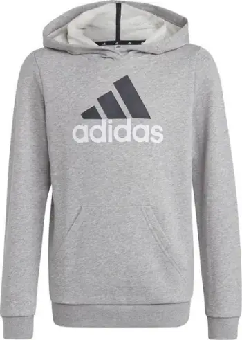 Bluza me kapuç Adidas Logo Print, pambuk përzierje, xhep kangur, gri