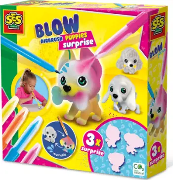 Set kreativ për fëmijë SES Creative 14333 Blow Airbrush Pens Puppies Surprise, 3 stilolapsa airbrush, me qenushë të larshëm