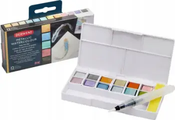 Set bojërash uji Derwent Metallic Watercolour, 12 half pans, metalike, në kuti plastike e bardhë