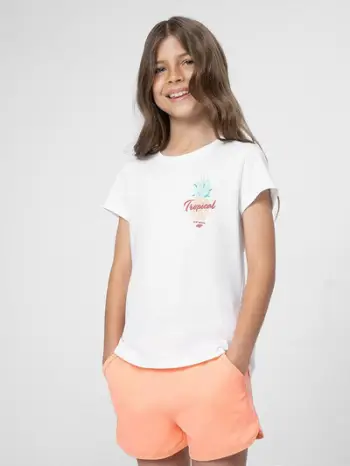 Bluzë vajzash 4F TTSHF399, pamje tropikale, prerje Regular Fit, e bardhë